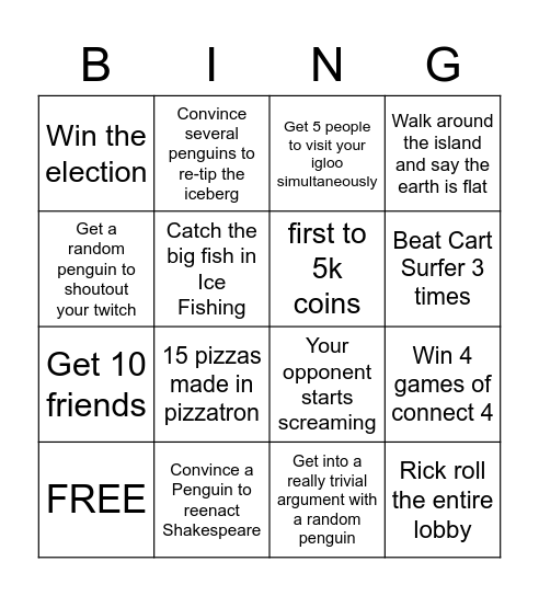 Club Penguin Bingo Card