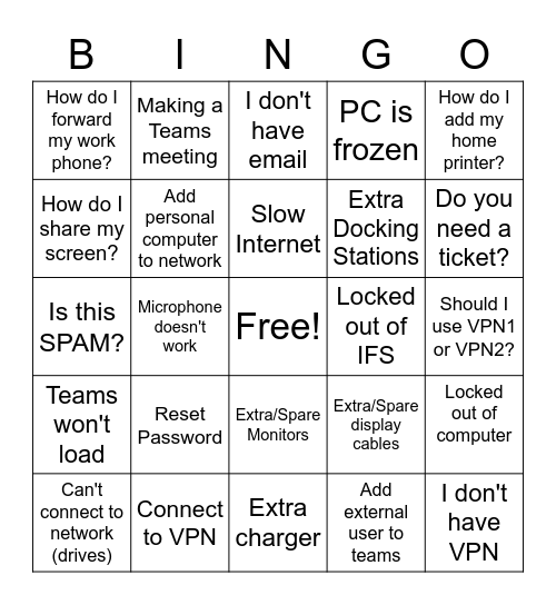 IT - WFH Bingo Card