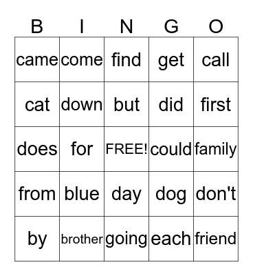 Grade 1 Words Bingo Card