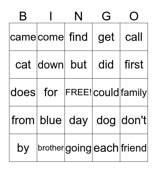 Grade 1 Words Bingo Card