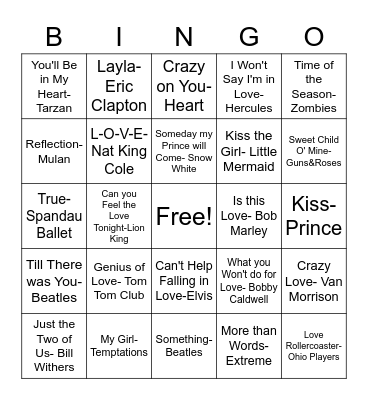 Bingo Love Songs Bingo Card