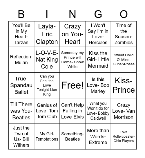 Bingo Love Songs Bingo Card