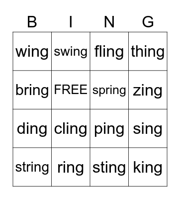 -ing Words Bingo Card