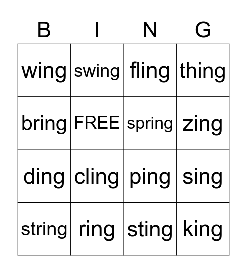 -ing Words Bingo Card