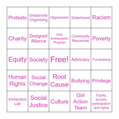 Girl Action Team Bingo Card