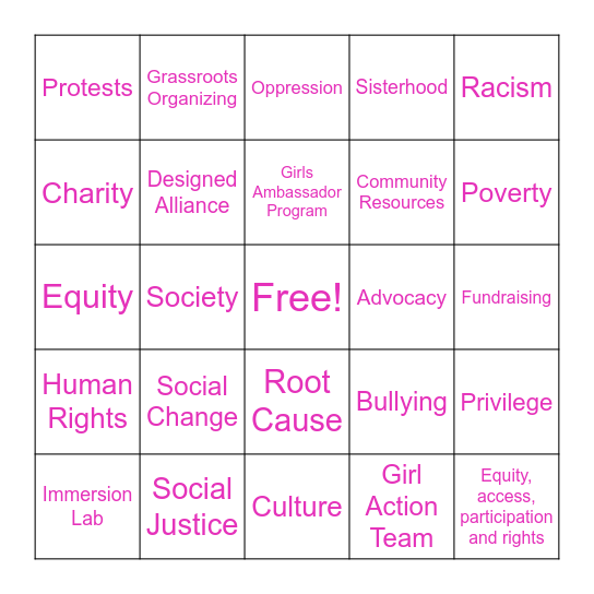 Girl Action Team Bingo Card