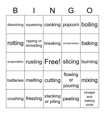 Chemical and Physical Changes Bingo Card