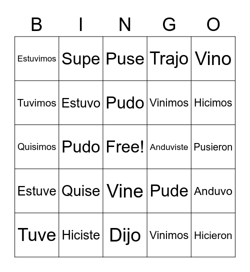 Irregulares en El Preterito Bingo Card