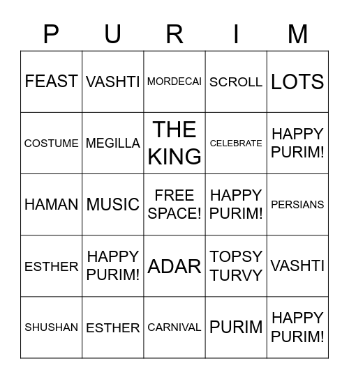 Happy Purim! Bingo Card