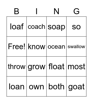 Words with o, oa, ow Bingo Card