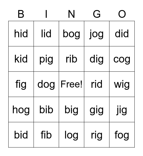 -ib, -id, -ig & -og Word Families Bingo Card