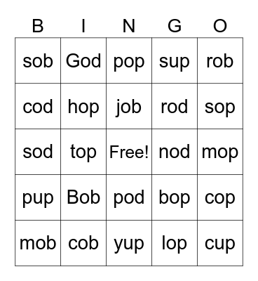 -ob, -od, -op & -up Word Families Bingo Card