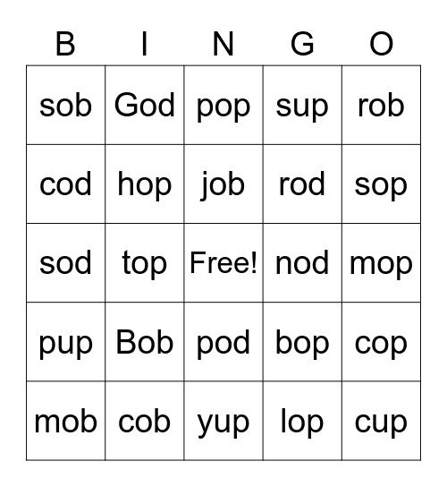-ob, -od, -op & -up Word Families Bingo Card