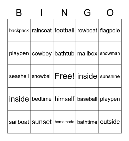 Compound Words Bingo Card