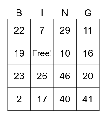 Numbers 1-50 for kids Bingo Card