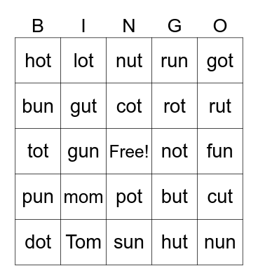 -om, -ot, -ut, & un Word Families Bingo Card