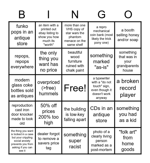 Antique Shopping Bingo Card