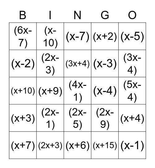 Quadratic Polynomial Factoring - Trinomials Bingo Card