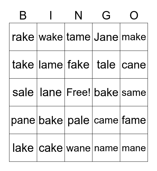 -ake, -ale, -ame & -ane Word Families Bingo Card