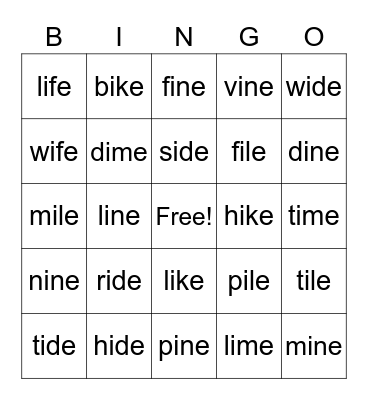 -ide, -ife, -ike, -ile, -ime, & -ine Word Families Bingo Card