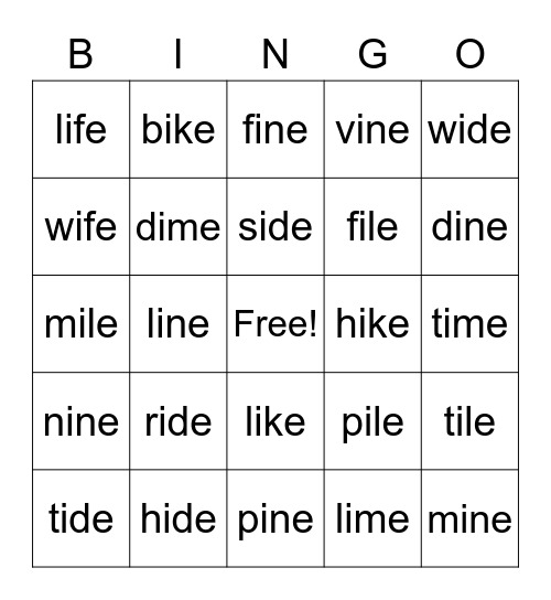 -ide, -ife, -ike, -ile, -ime, & -ine Word Families Bingo Card