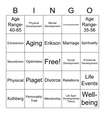Middle Adulthood Bingo Card
