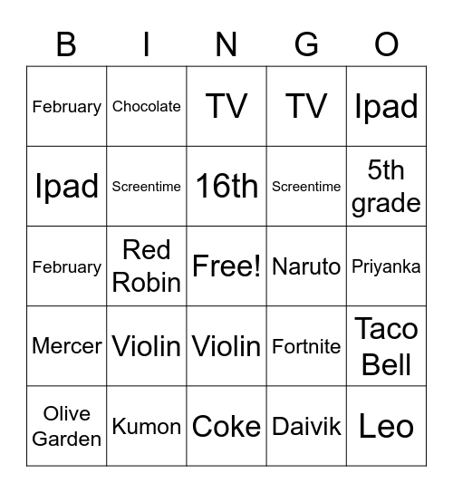 Daivik's Birthday Bingo Card