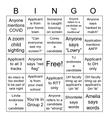 Rank Night Bingo Card