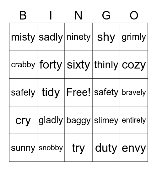 Unit 8 -y, -ly, -ty Bingo Card