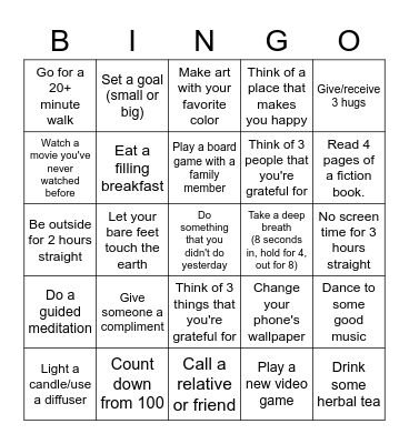 Daily Mental Health Bingo (High Functioning) Bingo Card