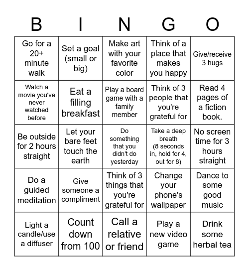 Daily Mental Health Bingo (High Functioning) Bingo Card