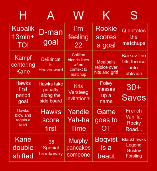 Blackhawks Bingo Card