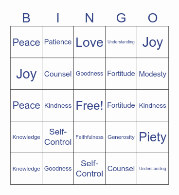 Fruits and Gifts of the Holy Spirit Bingo Card