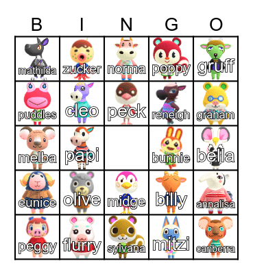 Animal Crossing Villager Hunt Bingo Card