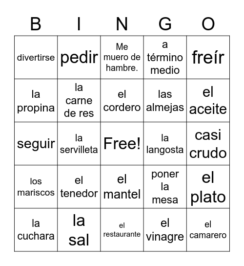 Ch. 4 Vocabulary Bingo - Spanish 2 Bingo Card