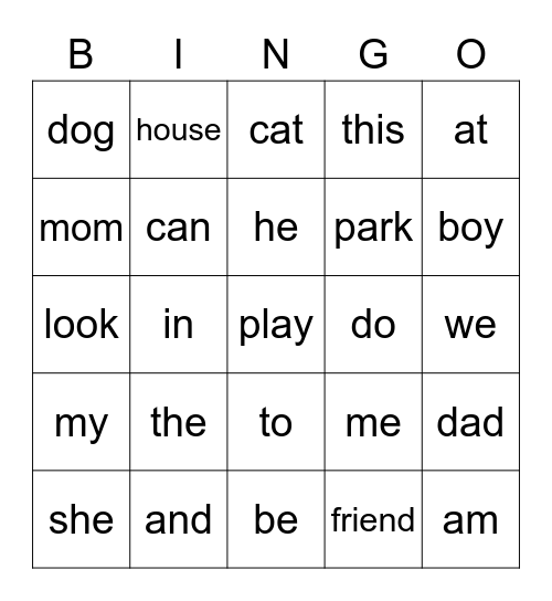 Snap Words Bingo Card