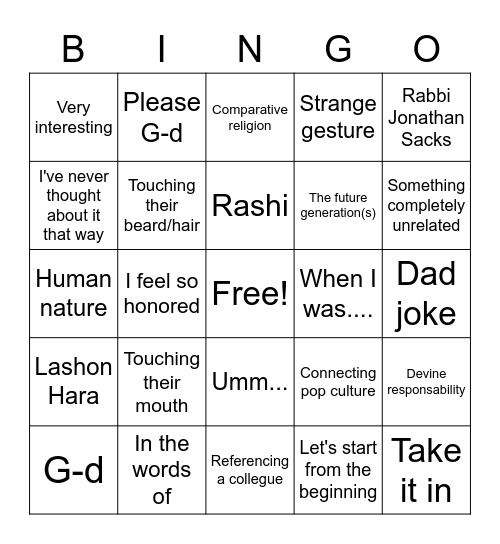 Rabbi Bingo Card