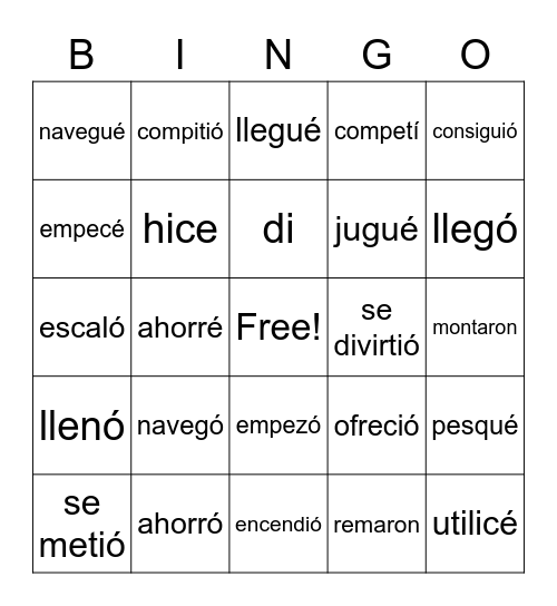 A3 1.1 Preterite Tense Verbs Bingo Card
