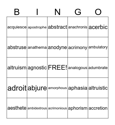 SAT vocabulary Bingo Card