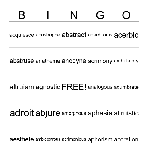 SAT vocabulary Bingo Card