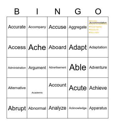 Vocabulary Bingo Card