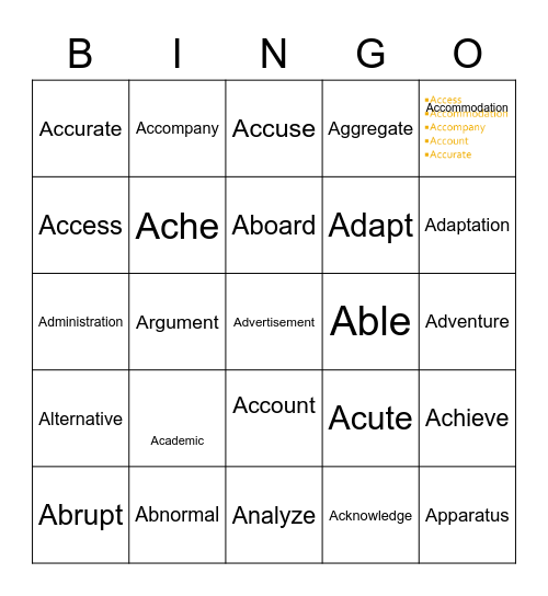 Vocabulary Bingo Card