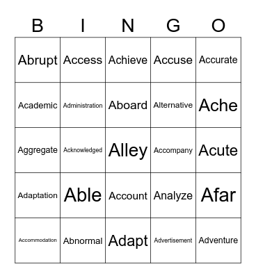 VOCABULARY Bingo Card