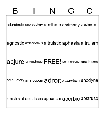 SAT vocabulary Bingo Card