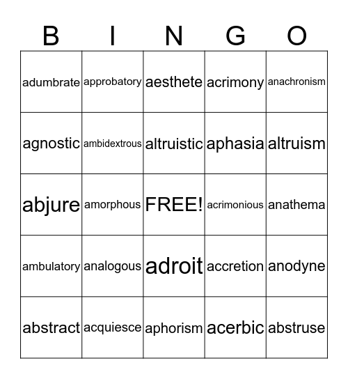 SAT vocabulary Bingo Card