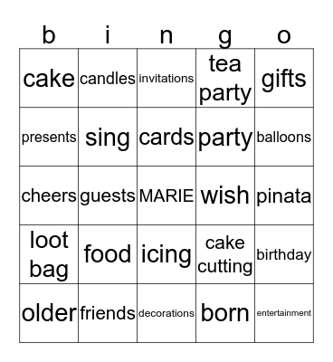 Marie's Birthday  Bingo Card