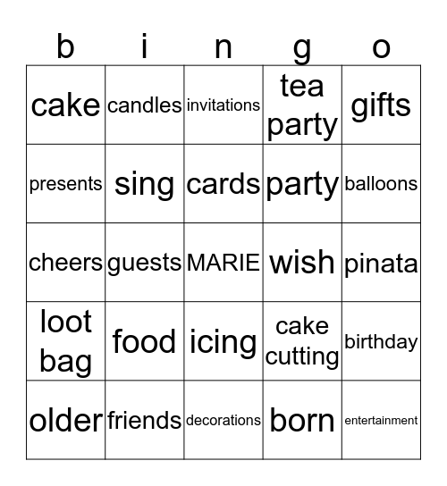 Marie's Birthday  Bingo Card