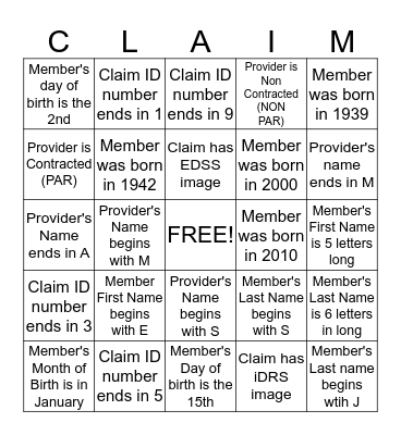 Claims BINGO! Bingo Card
