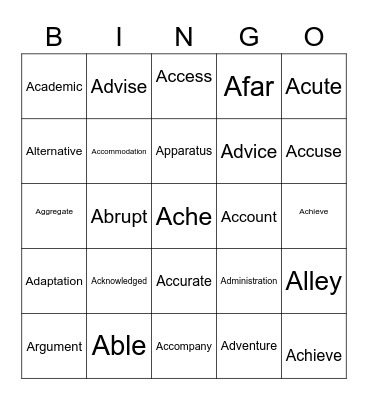 VOCABULARY Bingo Card