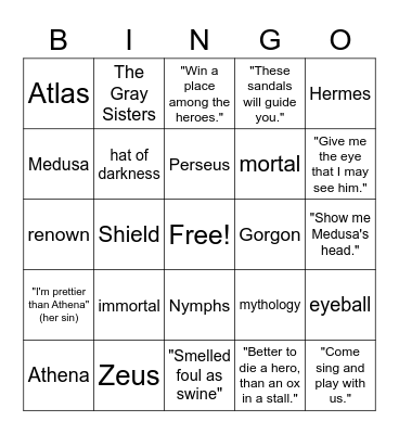 Perseus Bingo Card